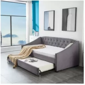 Kosy Koala - Velvet Grey Daybed 3FT Single Sofa Bed With Underbed Trundle Living Room Bedroom Furniture - With 2 Mattresses