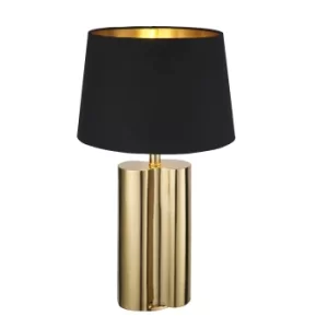 Calan Table Lamp Gold Effect Plate, Black Cotton Fabric Shade