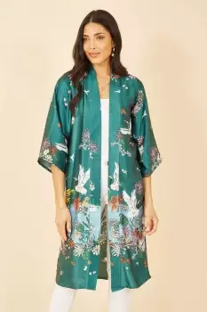 Green Satin Crane Border Kimono