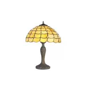 2 Light Curved Table Lamp E27 With 40cm Tiffany Shade, Beige, Clear Crystal, Aged Antique Brass