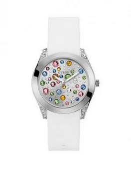 Guess Guess Wonderlust Silver And Coloured Stone Dial With White Leather Strap Ladies Watch