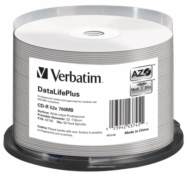 Verbatim 700MB CD-R DataLifePlus Discs, 52x , Wide Inkjet Printable,