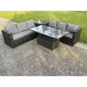 6 Seater Outdoor Rattan Sofa Set Adjustable Rising Lifting Dining Table Side Tea Coffee Table Dark Grey Mixed - Fimous