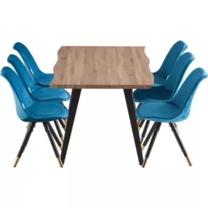 7 Pieces Life Interiors Sofia Rocco Dining Set - an Oak Rectangular Dining Table and Set of 6 Blue Dining Chairs - Blue