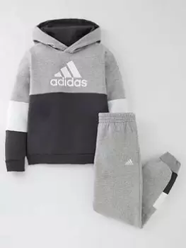 adidas Junior Boys Colourblock Overhead Hood And Jogger Set, Light Grey, Size 7-8 Years