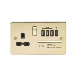 Flat plate 13A switched socket with quad usb charger - polished brass with Black insert - Knightsbridge