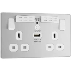 BG Evolve Brushed Steel (White Ins) WiFi Extender Double Switched 13A Power Socket + 1X USB (2.1A) in Silver