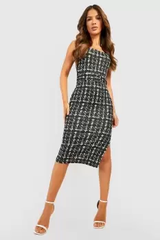 Abstract Dogtooth Belted Square Neck Midi Dress
