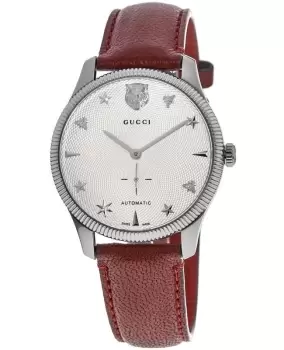 Gucci G-Timeless Automatic Silver Dial Red Leather Strap Unisex Watch YA126346 YA126346