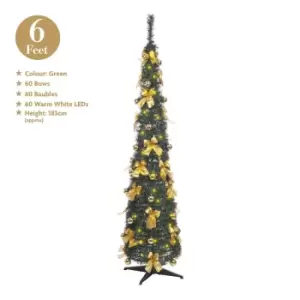 Christmas Workshop 6ft Pop-up Slim Xmas Tree with Bows, 60 LED Lights & 60 Baubles - Green