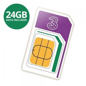 3 PAYG 4G Trio Data SIM Pack Preloaded with 24GB of Data Three Size Card - UK & WORLDWIDE