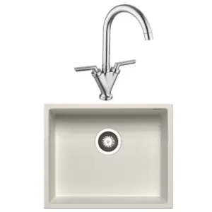 Enza Single Bowl White Undermount Granite Kitchen Sink & Kitchen Mixer Tap in Chrome