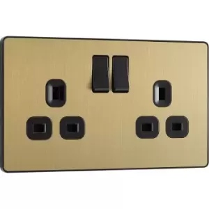 BG Evolve Brushed (Black Ins) Double Switched 13A Power Socket in Brass Steel