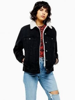 Topshop Borg Denim Jacket - Washed Black, Washed Black, Size 6, Women