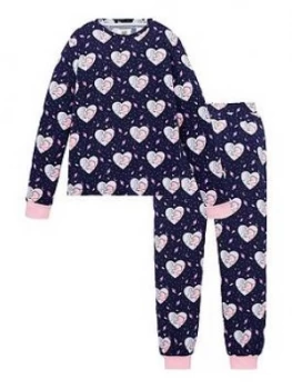 Chelsea Peers Girls Heart & Dinosaur Print Pyjamas - Navy, Size 7-8 Years, Women