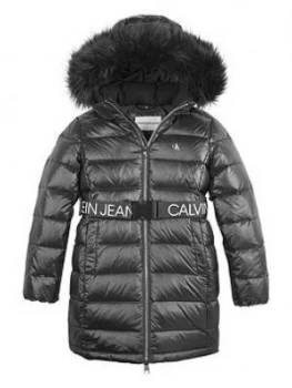 Calvin Klein Jeans Girls Faux Fur Hooded Logo Belted Coat - Black, Size 16 Years, Women