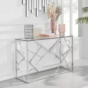 Amalfi Console Table - Rectangular Clear Glass & Chromed Metal Table - Abstract Pattern - Sleek, Chic, Bright & Airy