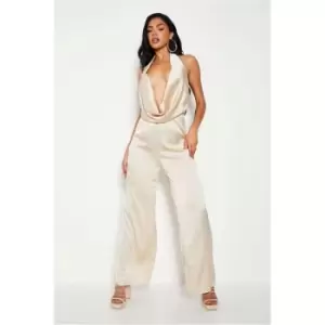 I Saw It First Champagne Satin Extreme Plunge Drape Cowl Wide Leg Jumpsuit - Nude