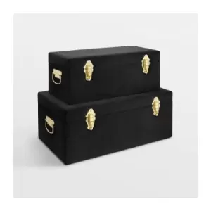 BTFY Set of 2 Black Velvet Storage Trunks Chests Box Decorative Case for Bedroom, Living Room, Hallway, Dressing Room - Black & Brass with Handles