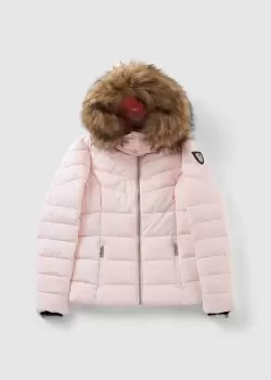 Holland Cooper Womens Whistler Puffer Bomber Jacket With Faux Fur Hood In Ice Pink