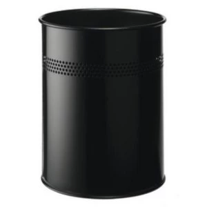 Durable 15 Litre Metal Round Waste Basket with 30mm Decorative Perforated Ring Black