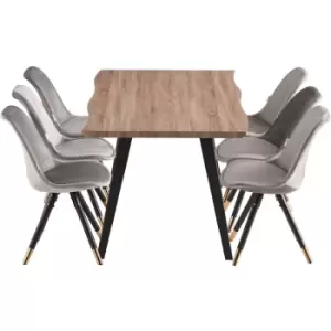 7 Pieces Life Interiors Sofia Rocco Dining Set - an Oak Rectangular Dining Table and Set of 6 Dark Grey Dining Chairs - Dark Grey