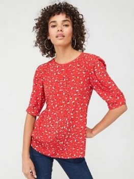 Oasis Ditsy Heart Tuck Sleeve Top - Mid Red, Mid Red, Size 8, Women