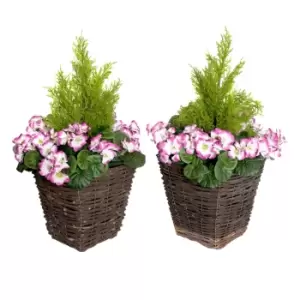 GreenBrokers Artificial Purple and White Geraniums Dark Rattan Planters 60cm 2 Pack - wilko