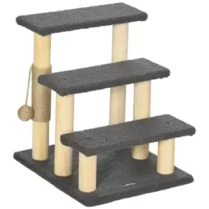 PawHut Dog Steps for Bed 3 Step Pet Stairs Cat Tree Tower w/ Jute Toy Ball Grey