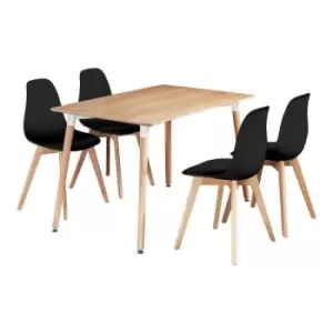 5 Pieces Life Interiors Rico Halo Dining Set - an Oak Rectangular Dining Table and Set of 4 Black Dining Chairs - Black