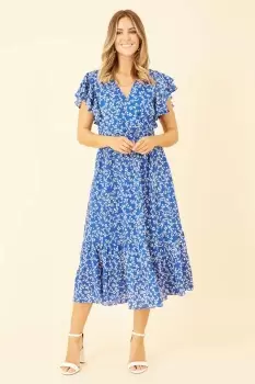 Blue Ditsy Print Midi Dress With Frill Sleeve