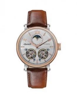 Ingersoll Ingersoll Hollywood Silver And Rose Gold Moonphase Automatic Dial Brown Leather Strap Watch