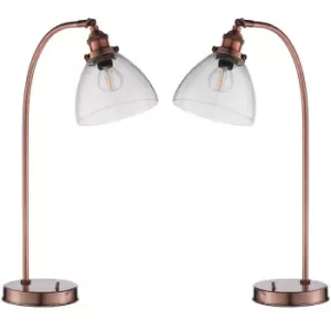 2 PACK Industrial Curved Table Lamp Tarnished Copper Glass Modern Bedside Light