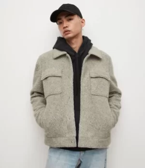 AllSaints Mens Asama Sherpa Jacket, Grey, Size: XL