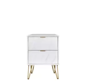 Hirato Ready Assembled 2 Drawer Bedside Cabinet Marble Gold Metal Hairpin Legs