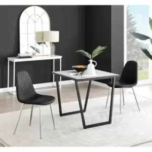 Furniture Box Carson White Marble Effect Square Dining Table and 2 Black Corona Silver Chairs