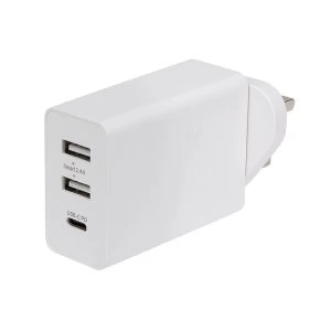 Nikkai Triple Port Wall Charger with 2 x USB-A and 1 x USB-C PD 30W Power Delivery UK Plug