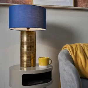 Jung Gold Combed Cylinder Table Lamp with Large Navy Blue Reni Shade