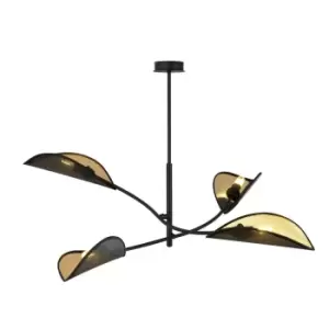 Emibig Lotus Black Multi Arm Semi Flush Ceiling light with Black, Gold Fabric Shades, 4x E14
