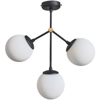 3 Way Industrial Ceiling Light Fitting + Glass Globe Shades - Black