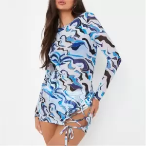 Missguided Abstract Print Mesh Tie Side Beach Cover Up Mini Dress - Blue