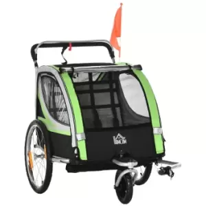 2 in 1 Kids Bike Trailer Two Seater Stroller with Brake, Green