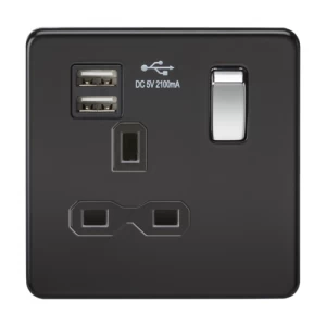 KnightsBridge 13A 1G Screwless Matt Black 1G Switched Socket with Dual 5V USB Charger Ports - Black Insert