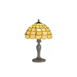 1 Light Curved Table Lamp E27 With 30cm Tiffany Shade, Beige, Clear Crystal, Aged Antique Brass