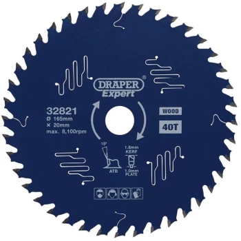 32821 Expert TCT Circular Saw Blade for Wood with PTFE Coating 165 x 20mm 40T - Draper