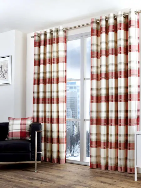 Fusion 'Balmoral Check' Country Checked Pattern Pair of Eyelet Curtains Scarlet