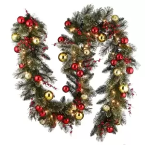National Tree Company 9'x12" Dakota Garland with 12 Small Gold Balls, 6 Large Gold Balls, 24 Small Red Balls, 18 Red Berries & 70 Warm White Battery