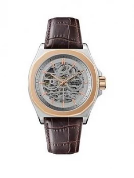 Ingersoll Ingersoll The Orville Silver And Rose Gold Detail Skeleton Automatic Dial Brown Leather Strap Watch
