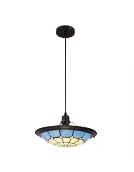1 Light Ceiling Pendant E27 With 35cm Tiffany Shade, Rich Blue, Clear Crystal Centre, Aged Antique Brass Trim, Black