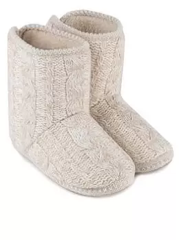 TOTES TALL KNITTED CABLE BOOT SLIPPERS WITH BORG LINING - Natural, Size 7-8, Women